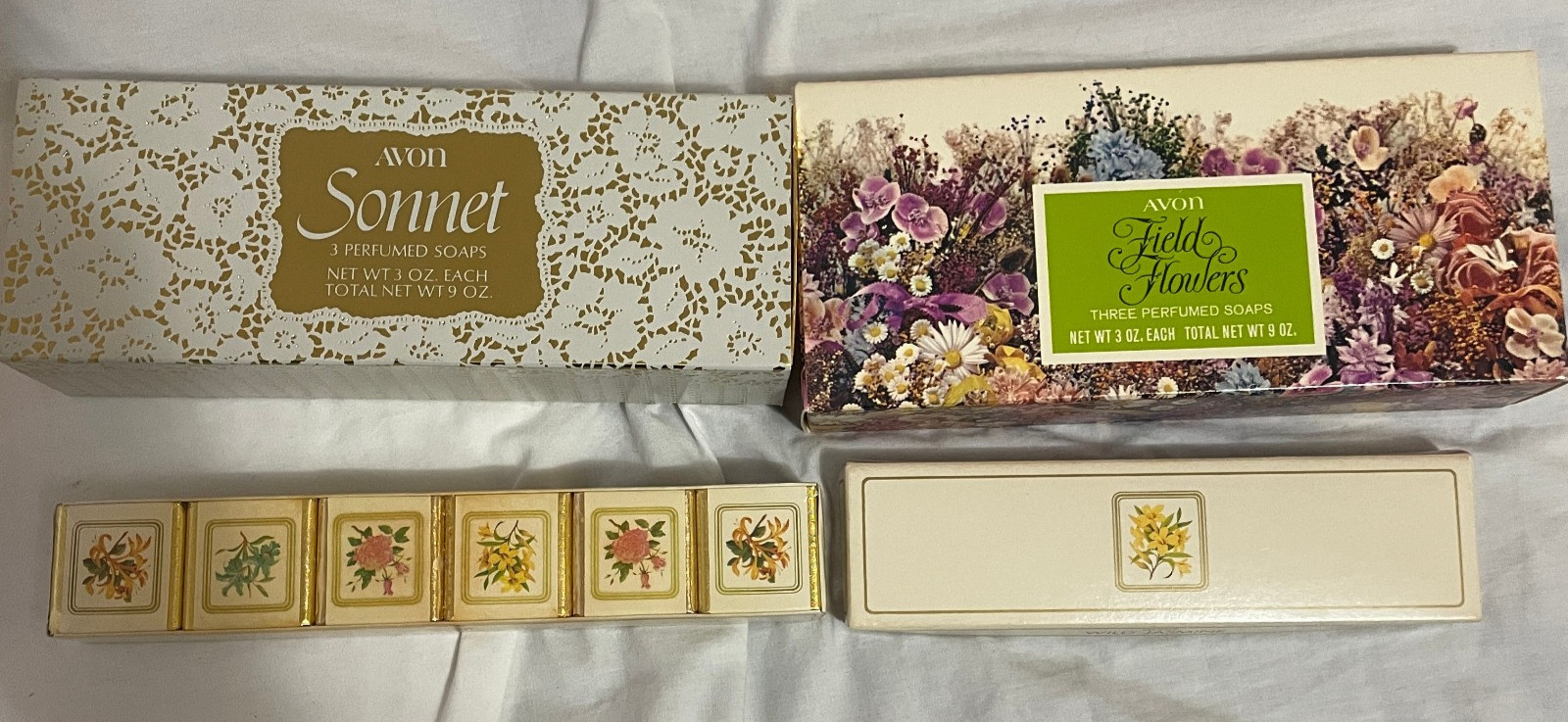 Lot of NOS Vtg 3 Avon Bar Soap Cake Sets & 1 Set of Bath Cubes Guest Bath Hostes