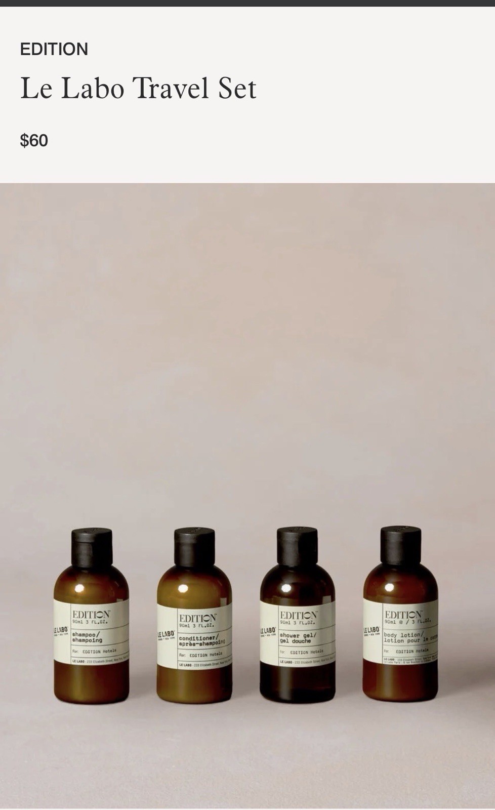 Le Labo Édition Travel Gift Set 4 x 90ml Bottles 3oz Each Black Tea Fragrance