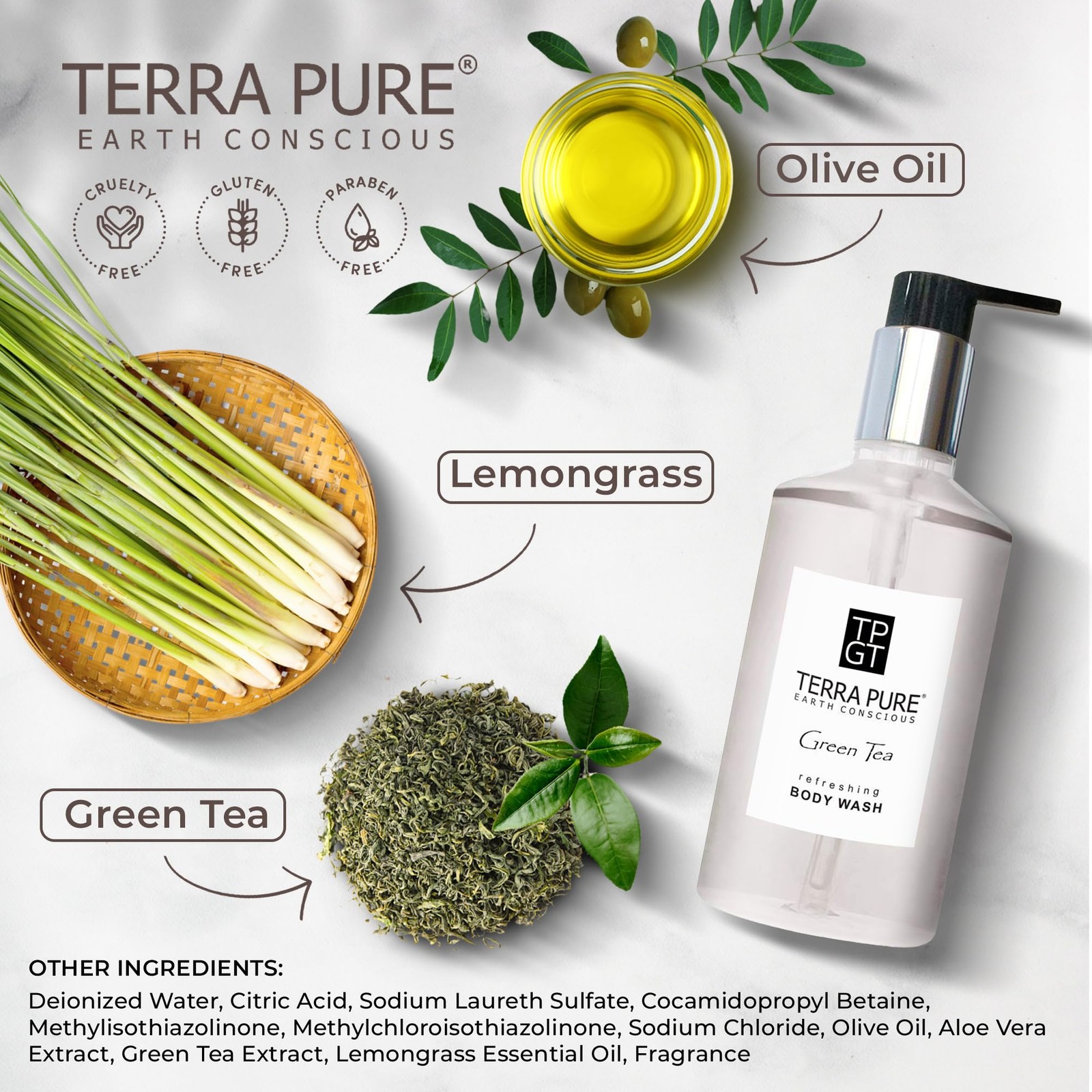 Terra Pure Green Tea Body Wash, 10.14 oz. Fl Oz (Pack of 1), Wash