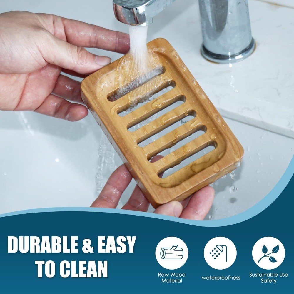 Teak Wood Soap Dish, 2 Pack Waterproof Self Draining Soap Dish – Natural Wooden