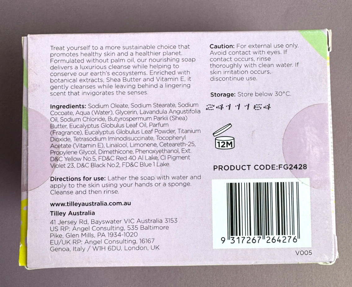 Tilley Australia Palm Free Eucalyptus & Lavender Bar Soap Duo 2 x 250 gm/8.8 oz