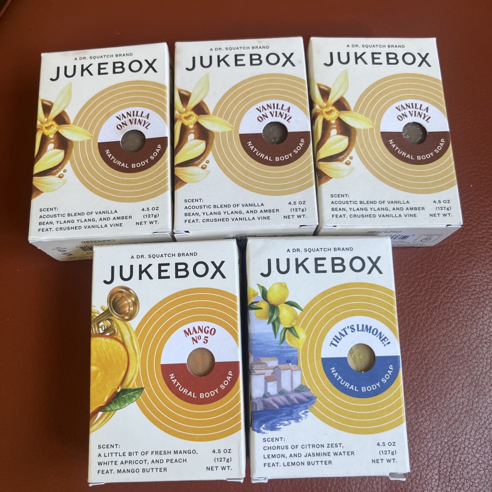 Lot 5 Mixed Boxed Bars Of Jukebox By DrSquatch Vanilla On Vinyl Mango Limone