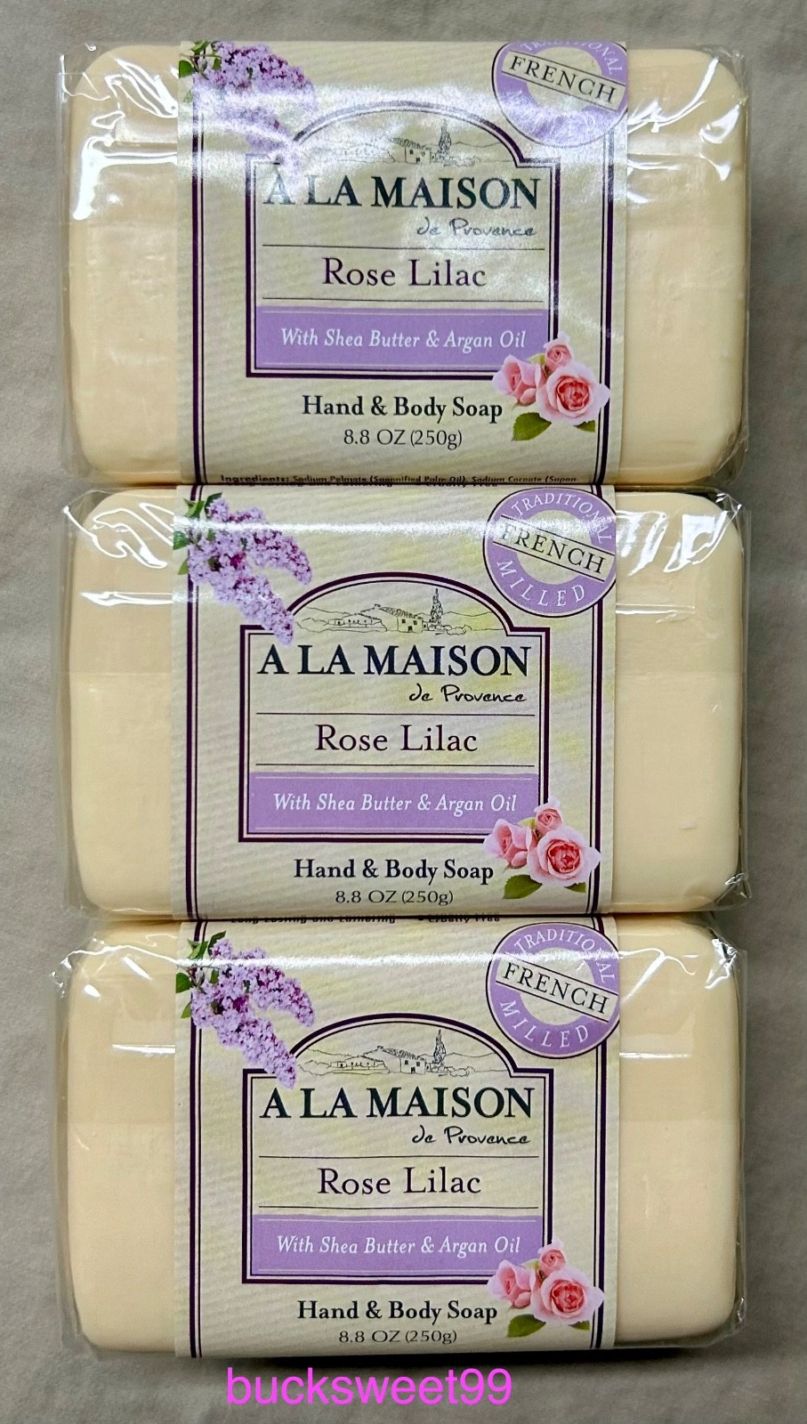 A La Maison De Provence Bar Soap ROSE LILAC – 8.8 oz each – 3 BARS