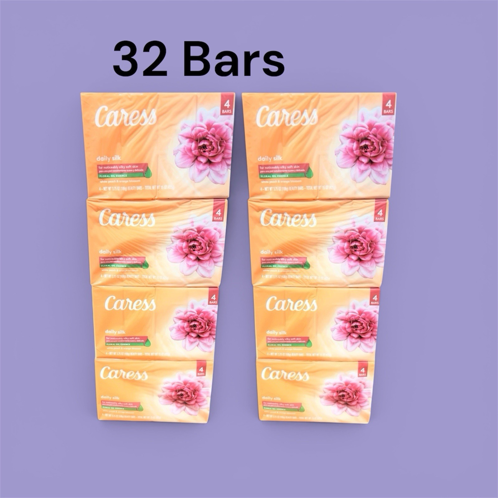 32 Caress Daily Silk Bar Soap Floral Oil White Peach & Orange Blossom ORANGE Pkg