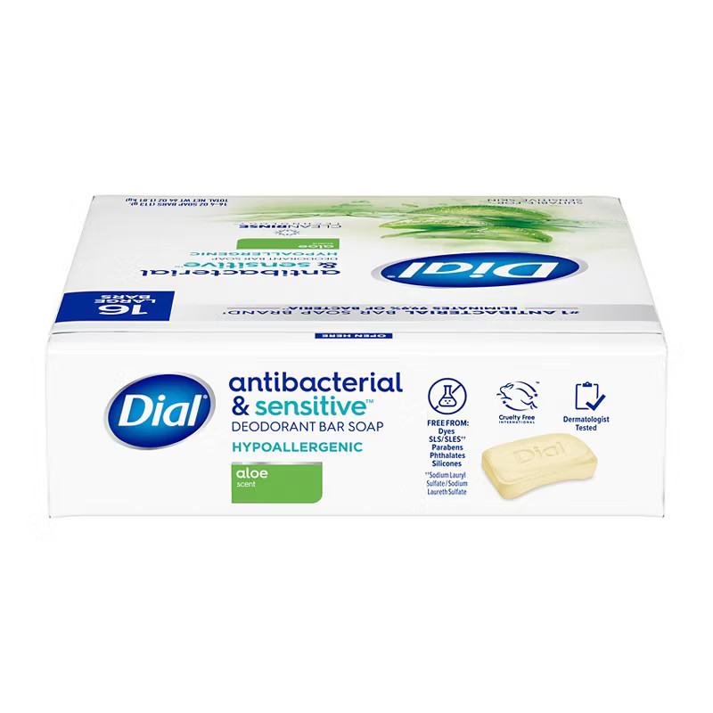 Dial Antibacterial Sensitive Bar Soap Aloe Scent 16 Large Bars Hypoallergenic