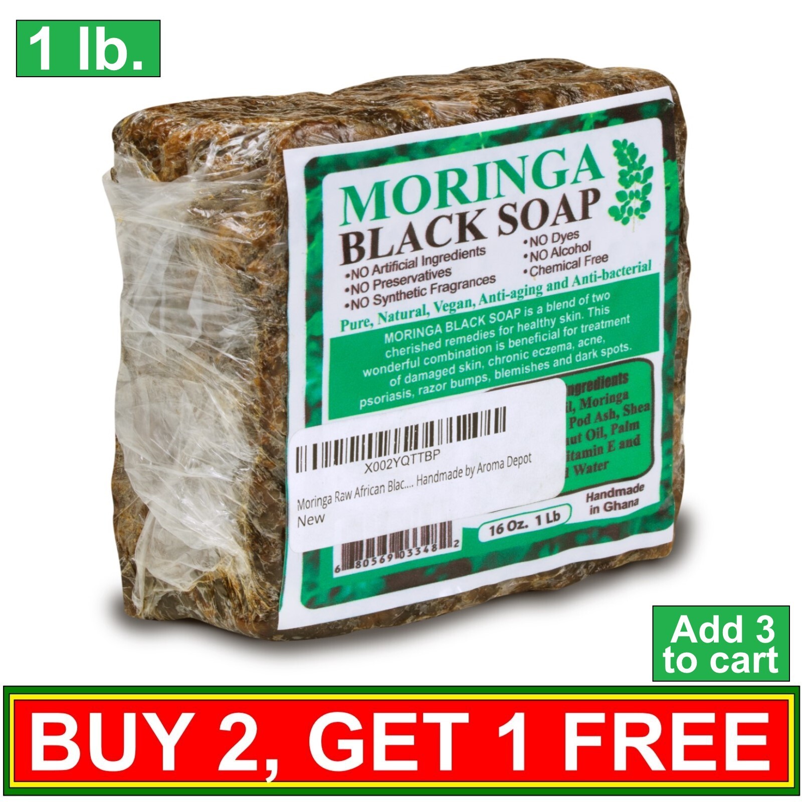 MORINGA Black Soap 1 lb. Vegan Organic Unrefined 100% Natural Anti Acne/Fungus