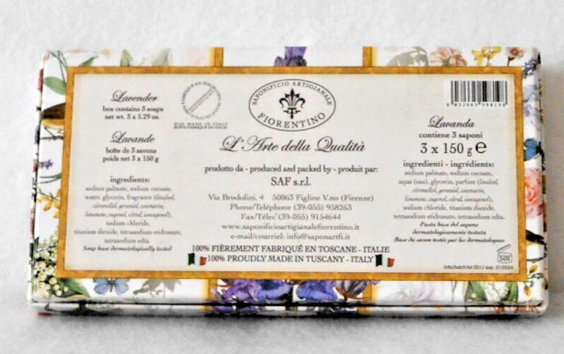 SAPONIFICIO ARTIGIANALE “LAVENDER” SCENTED SOAP – SET OF 3 (5.29 OZ EACH) – NEW