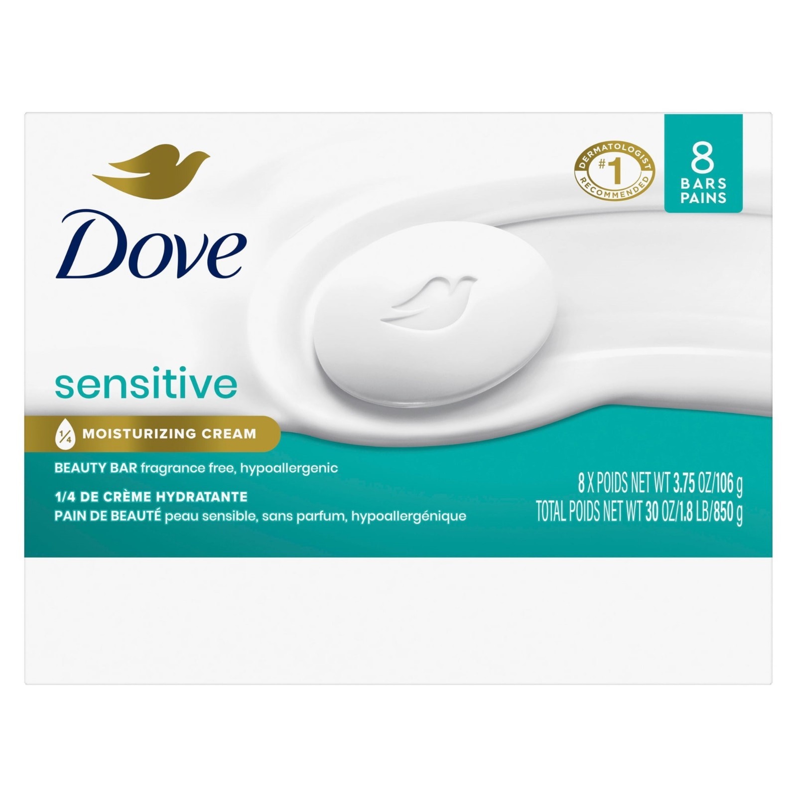 8-Pack Dove Beauty Bar More Moisturizing For Softer Skin, Fragrance Free, 3.75oz