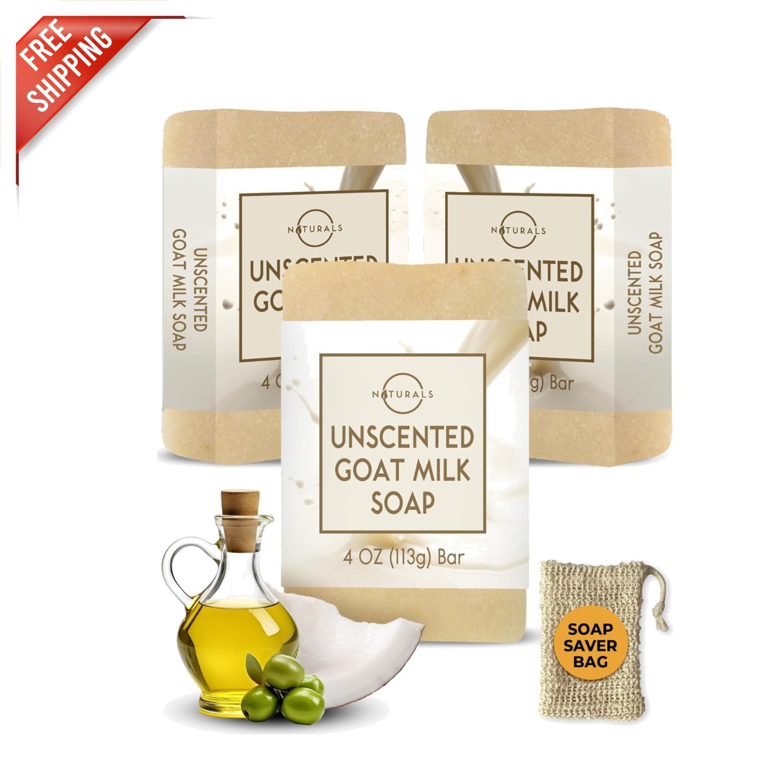 Triple-Milled Goat Milk Soap Set – Unscented Luxury with Soap Saver Bag