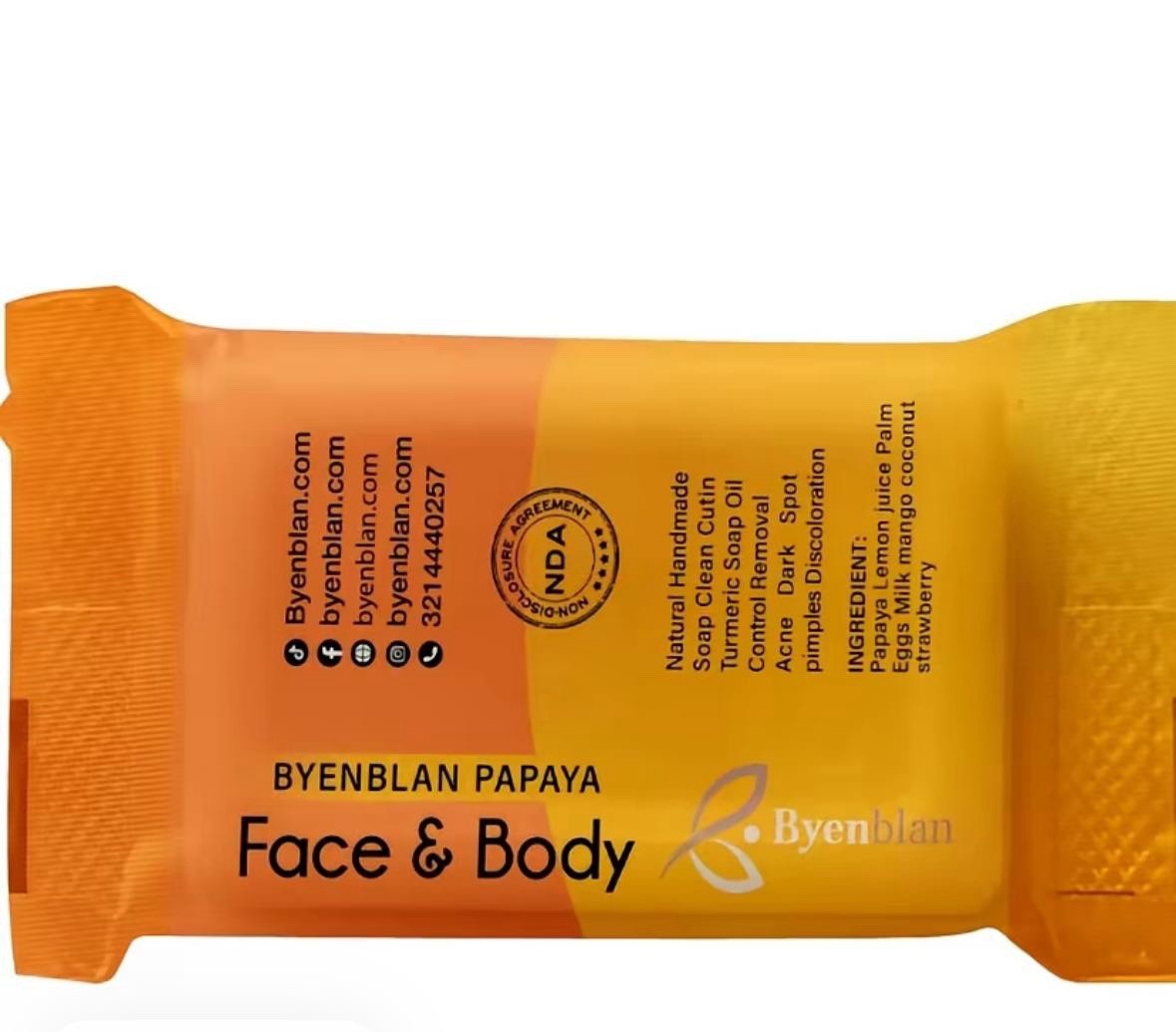 Byenblan Papaya Handmade Natural Face & Body Soap Bar 4 oz Orange Rectangular