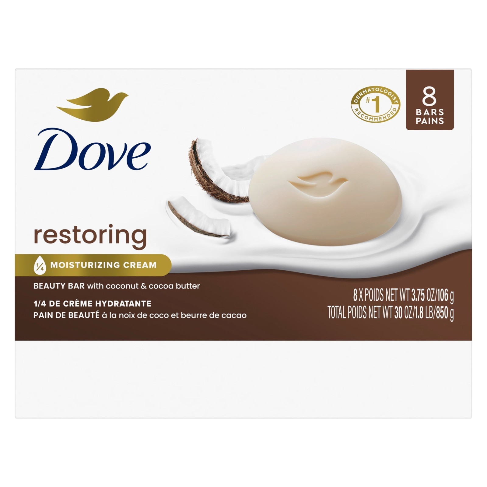 Dove Beauty Bar Soap, Restoring Coconut Cocoa Butter, 3.75 oz, 8 Bars, 2 Pack