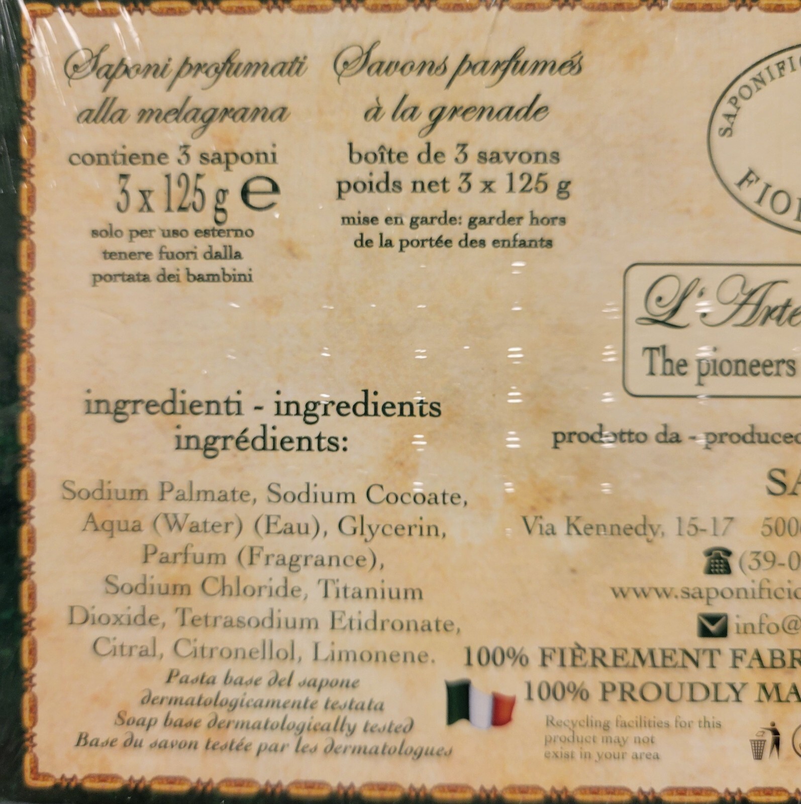 2x Saponificio SAF 3pk Pomegranate Scented Bar Soap 4.4 Oz Christmas Box Tuscany