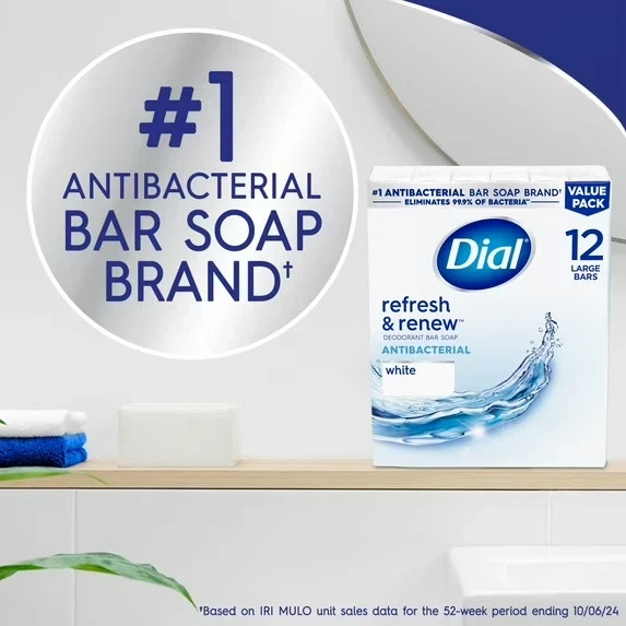 Dial Antibacterial Bar Soap, Refresh & Renew White 4 oz 12 Bars