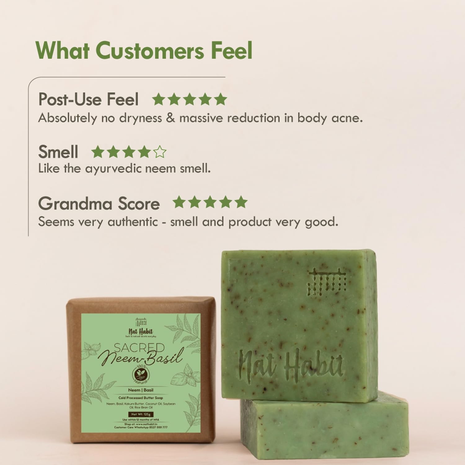 Nat Habit Neem Basil Butter Soap|Cold Processed Ayurvedic Soap with Neem Actives