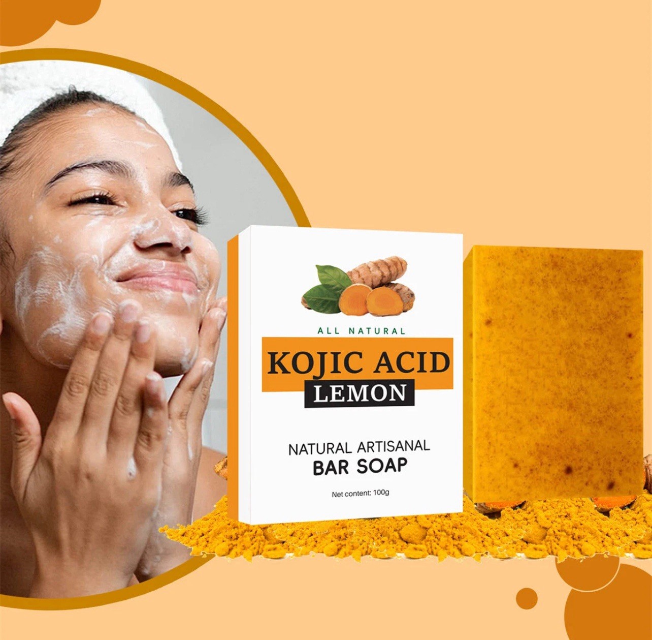 Honey Glow Lemon Turmeric Kojic Acid Soap Bar, 100g Turmeric Face and Body Soap