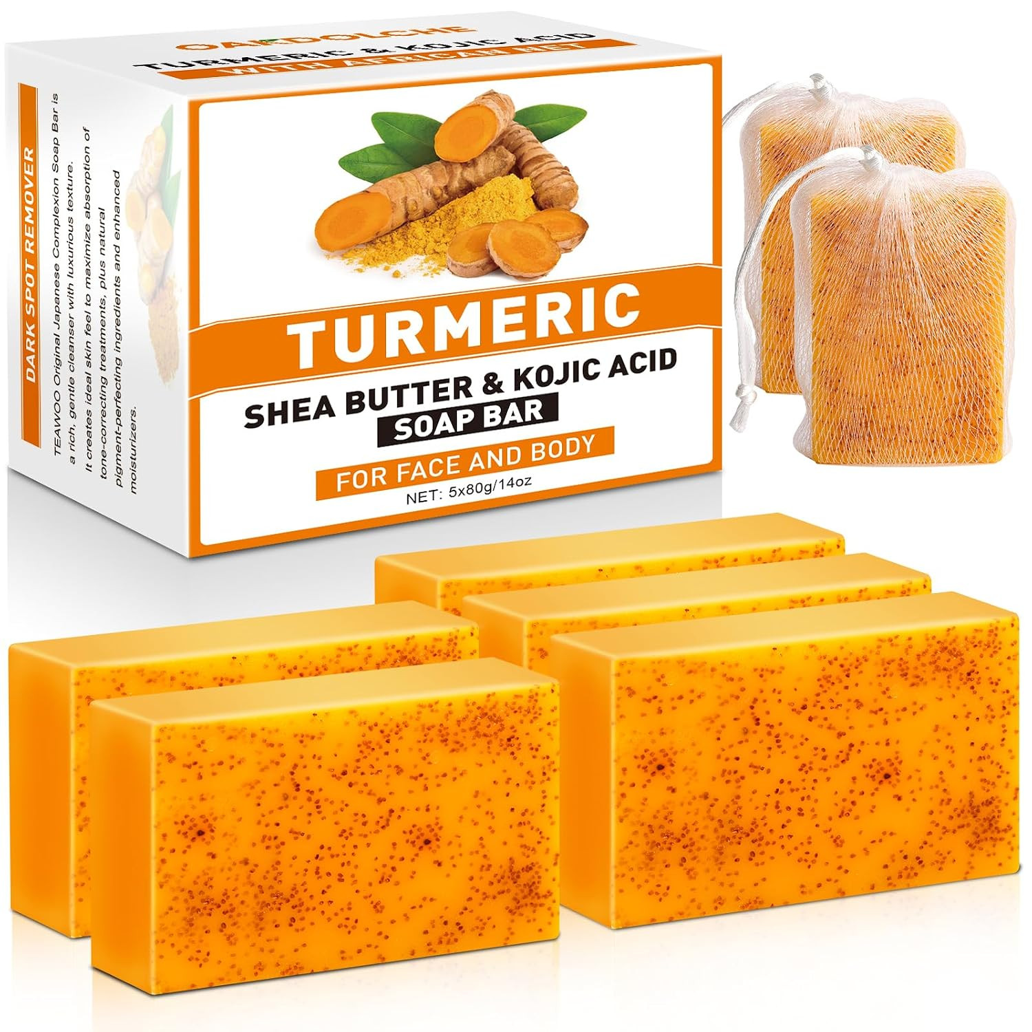 5 Pack Turmeric Kojic Acid Soap Bars 80G with Retinol, Collagen & Shea Butte