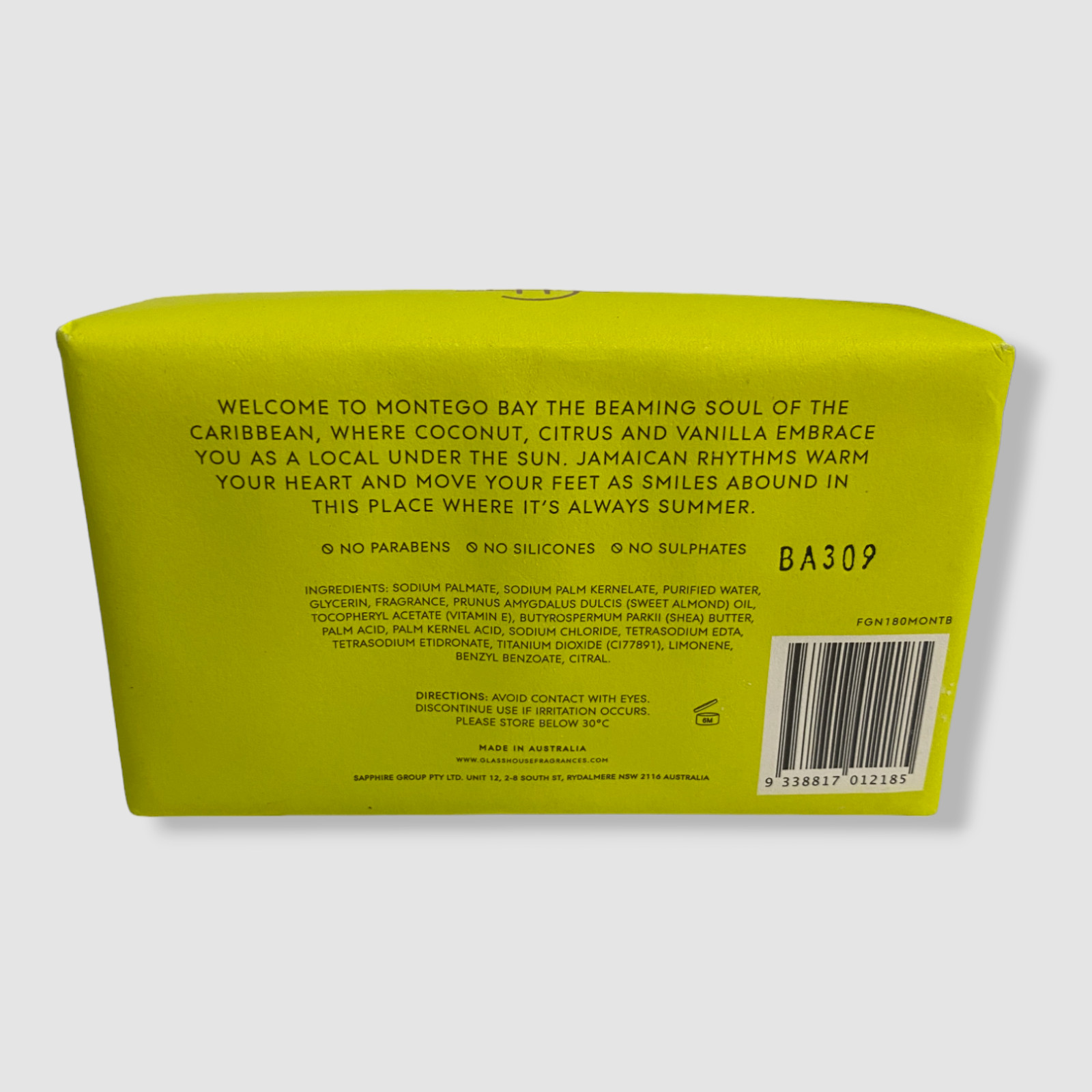 $15 GLASSHOUSE FRAGRANCES Coconut Lime Montego Bay Body Soap Bar | 6.3 oz