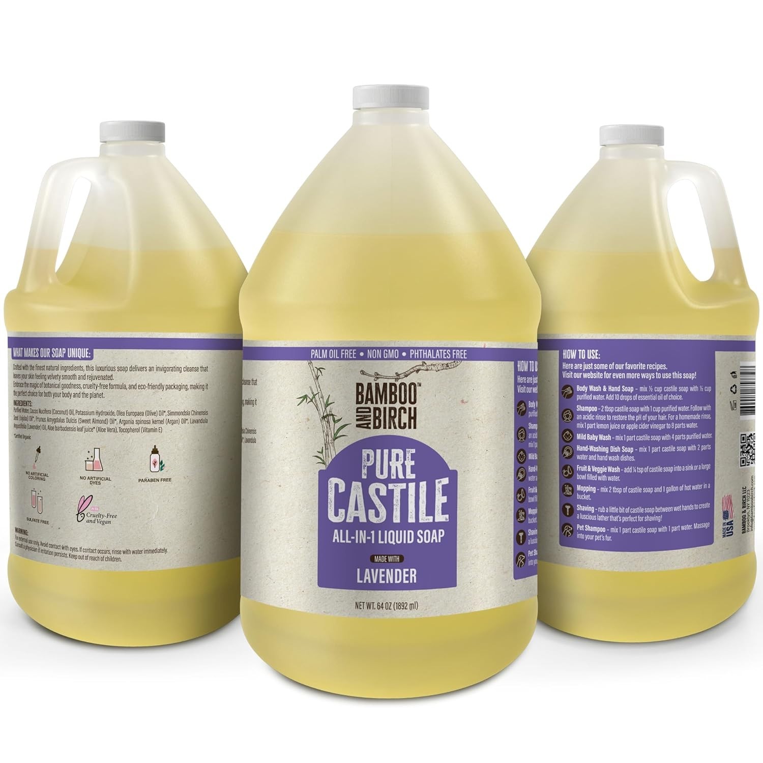 BAMBOO AND BIRCH Pure Castile Soap Liquid, Certified Palm Oil Free Natural Soap,