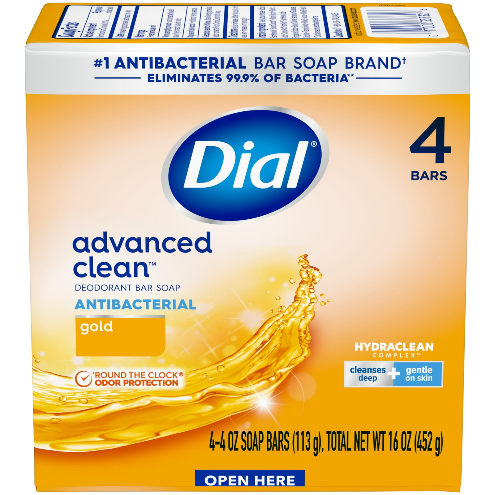 Dial Antibacterial Deodorant Bar Soap, Advanced Clean, Gold, 4 oz, 4 Bars