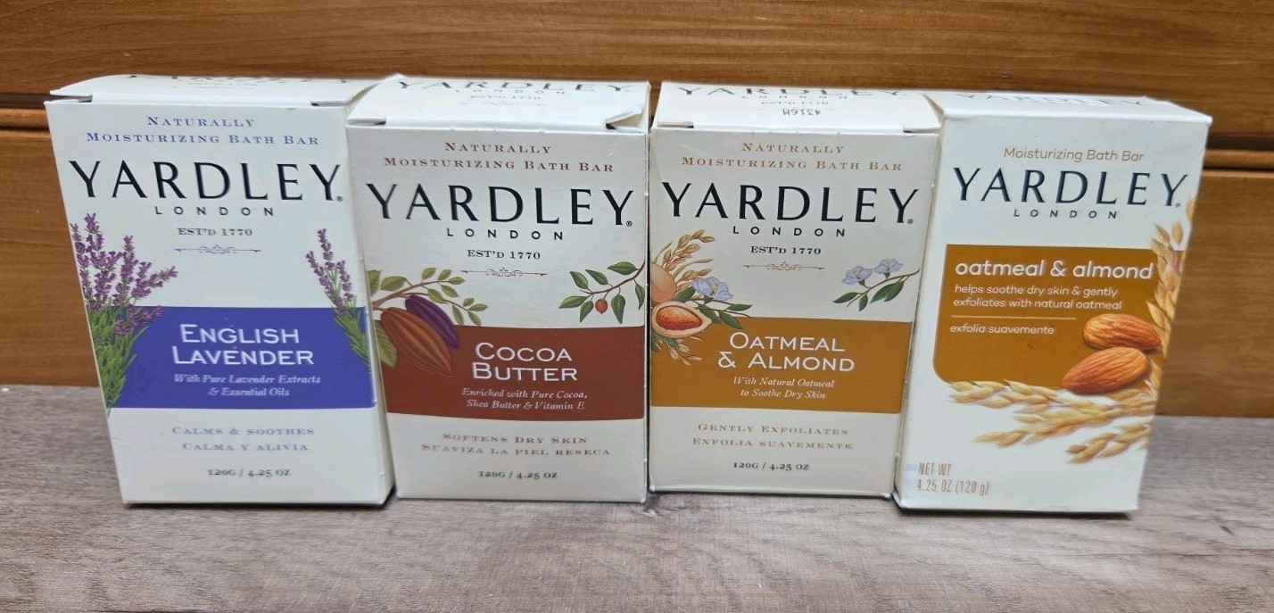 New Lot of 4 Yardley London Bar Soap Cocoa Butter, Lavender Oatmeal & Almond