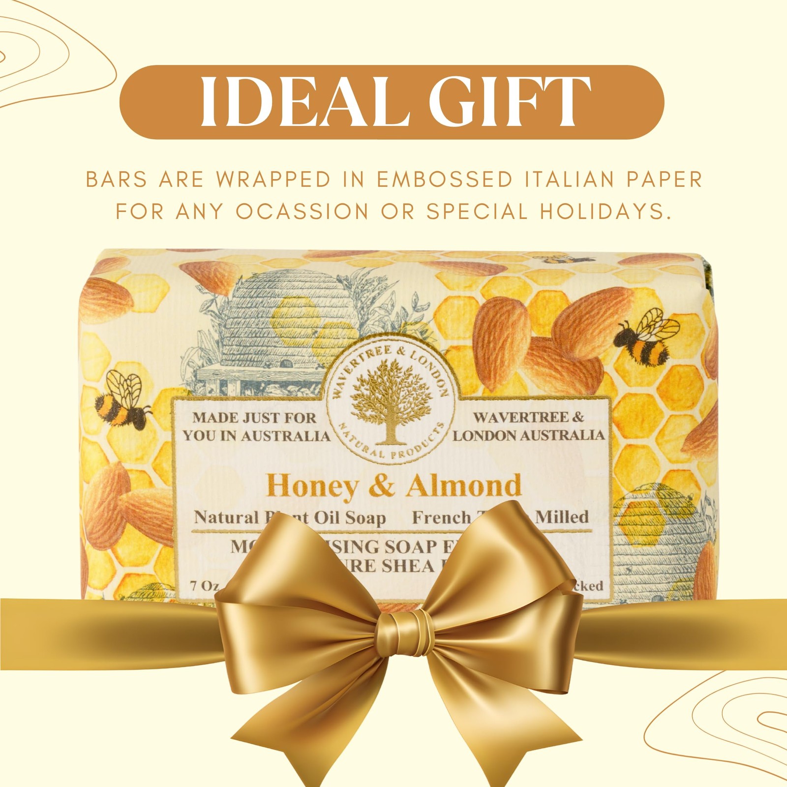Honey Almond Scented Natural Soap (2 Bars), 7oz Moisturizing French Triple Mi…