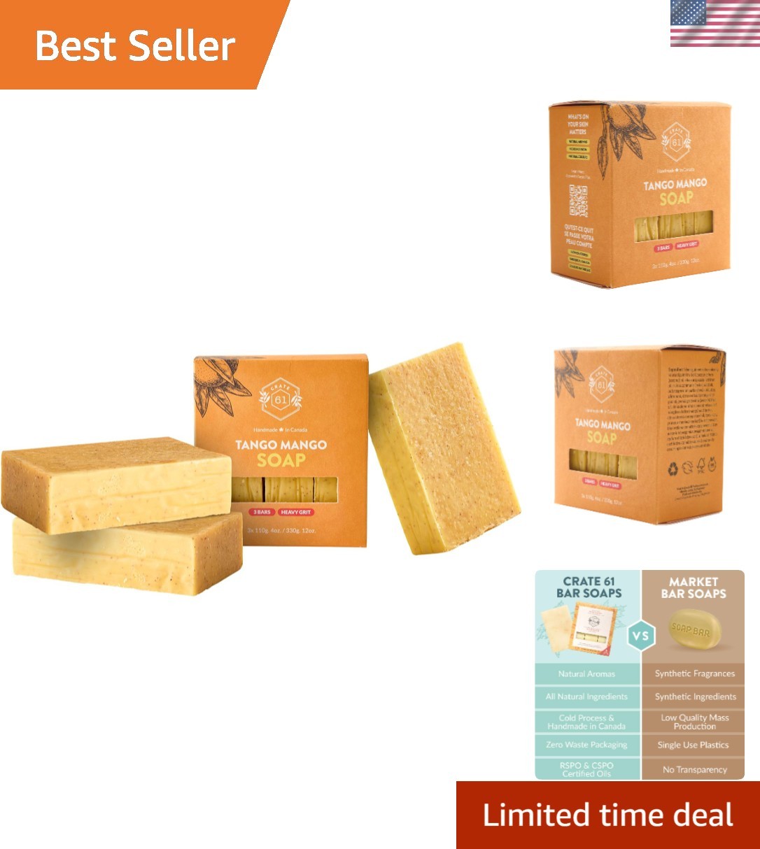 Plant-Based Bar Soap for Face and Body – 3 Pack, Soothing Mango Aroma