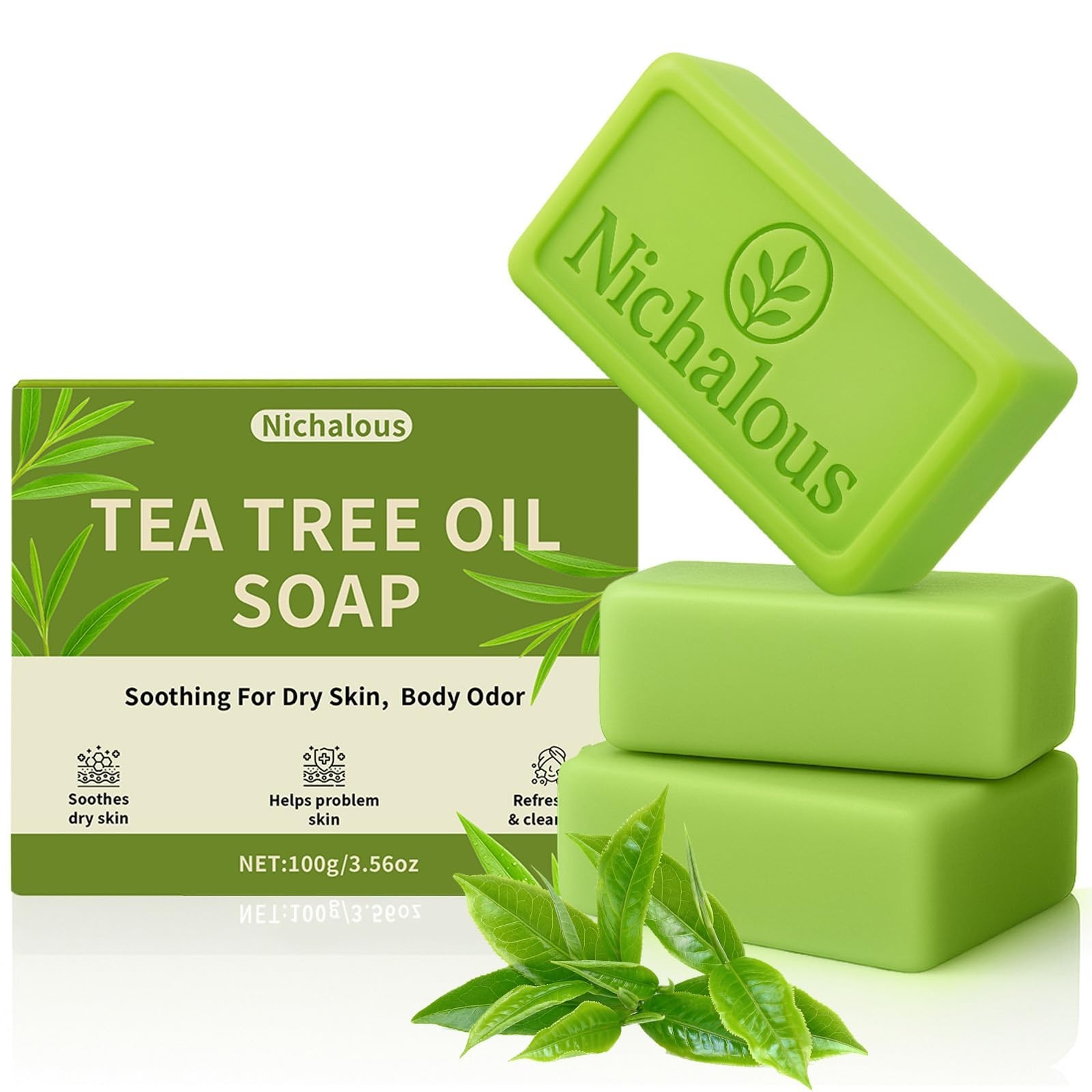 3PCS Tea Tree Oil Soap Bars – Purifying Body Cleanser with Coconut Oil, Plant-Ba