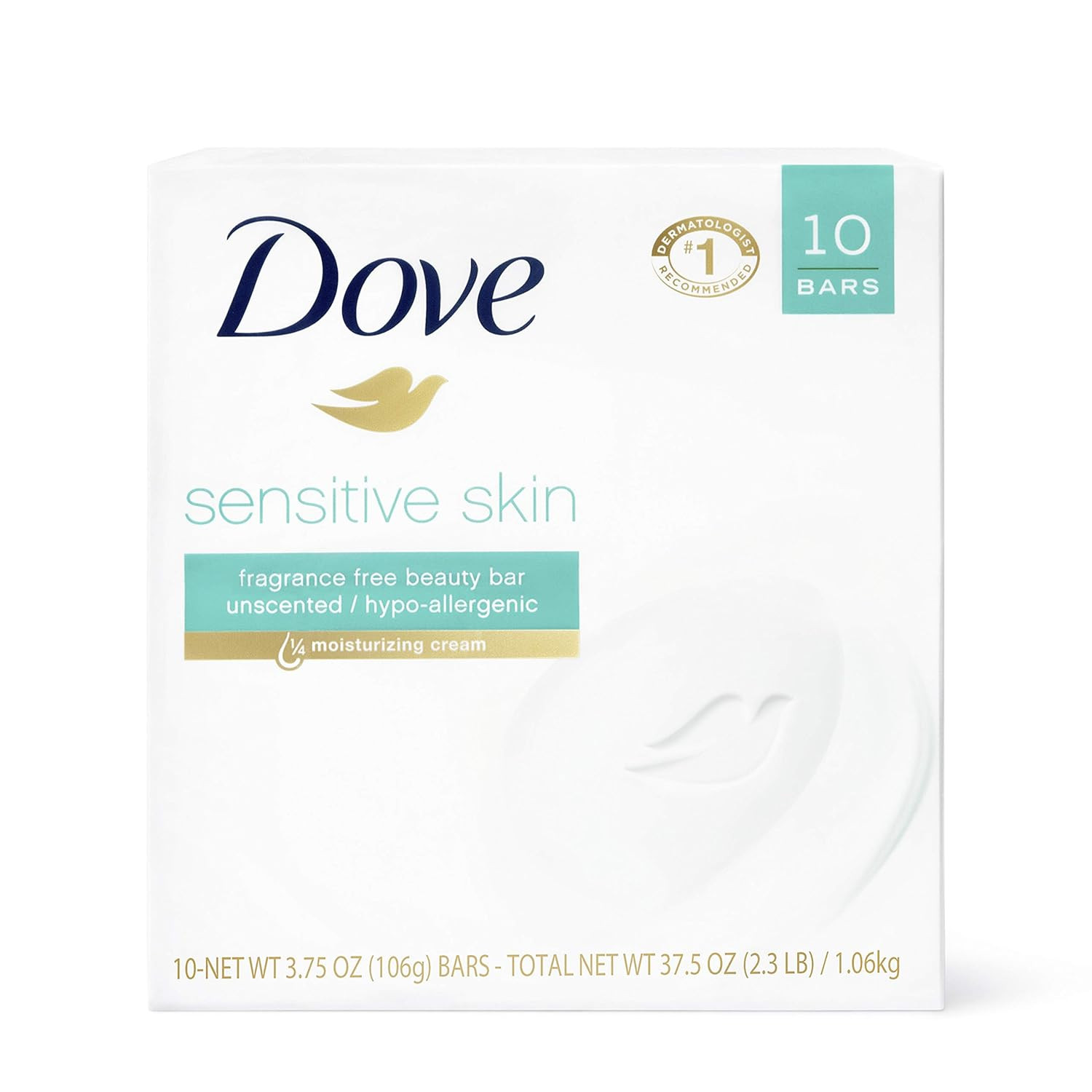 Dove Beauty Bar Soap Sensitive, 8 Bars for Sensitive Skin, Fragrance Free and Hy
