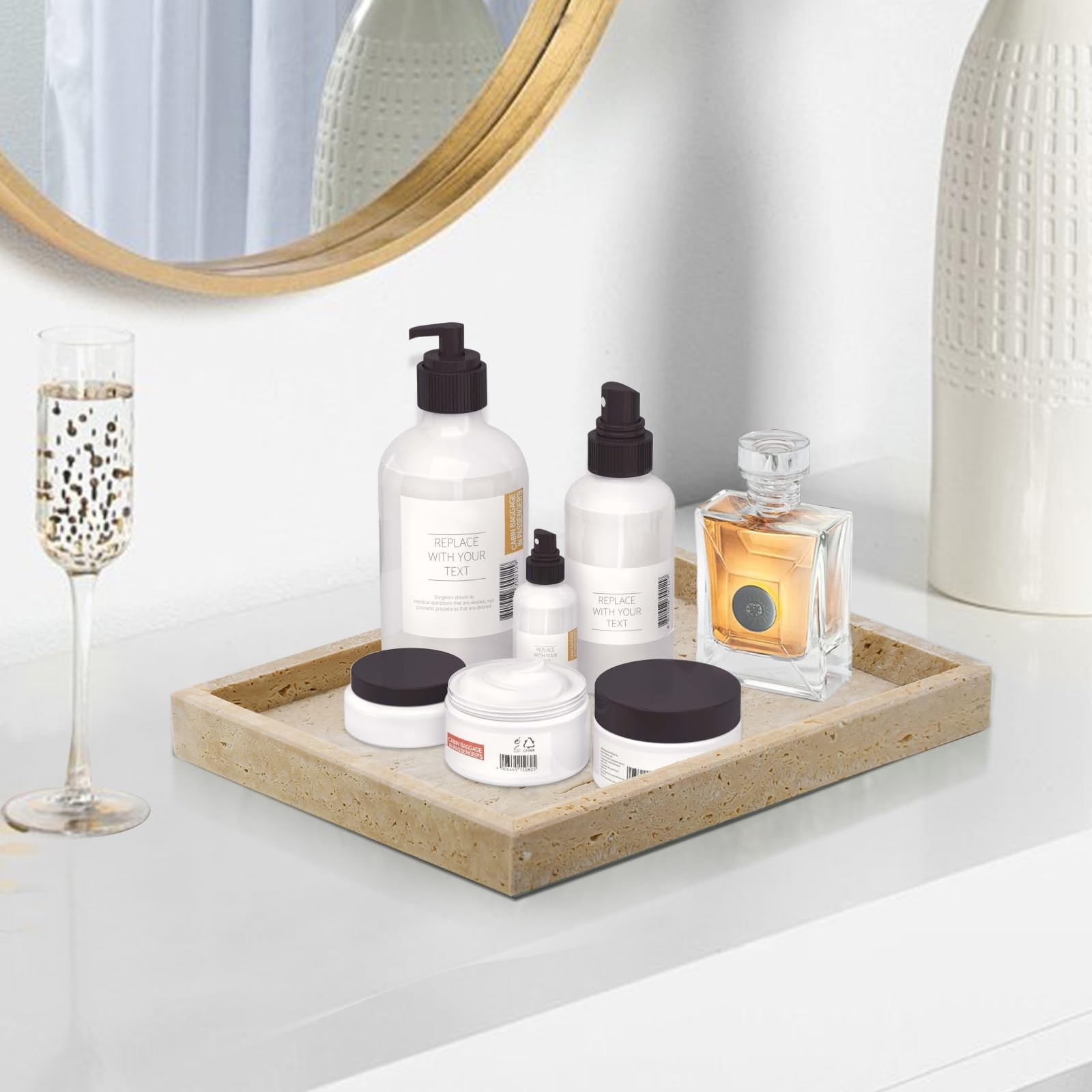 MULWR Travertine Tray Bathroom Vanity Tray Non-Ceramic Non-Resin Marble Perfume