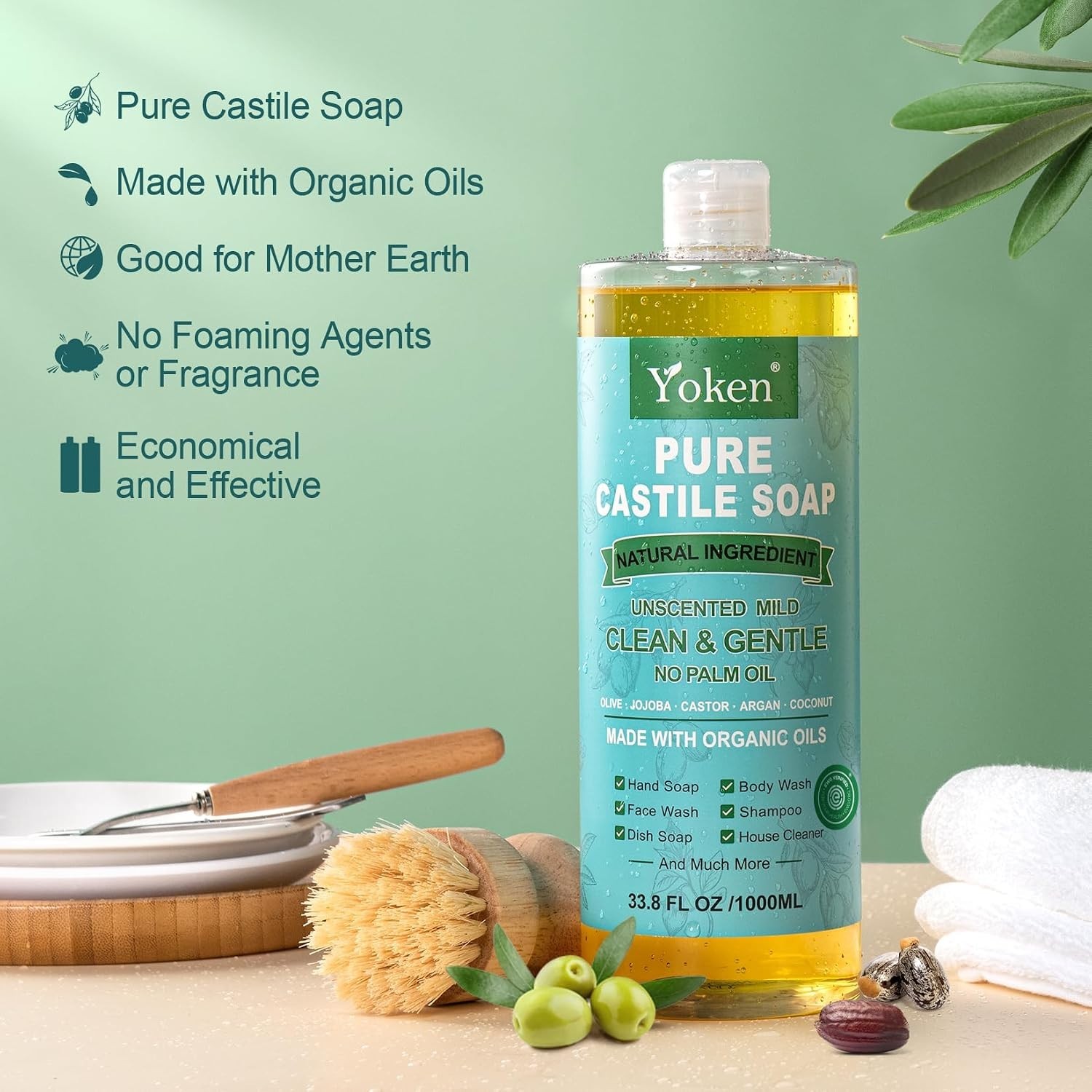 33.8 Oz Unscented Castile Soap with Organic Oils – Multi-Purpose Cleaner