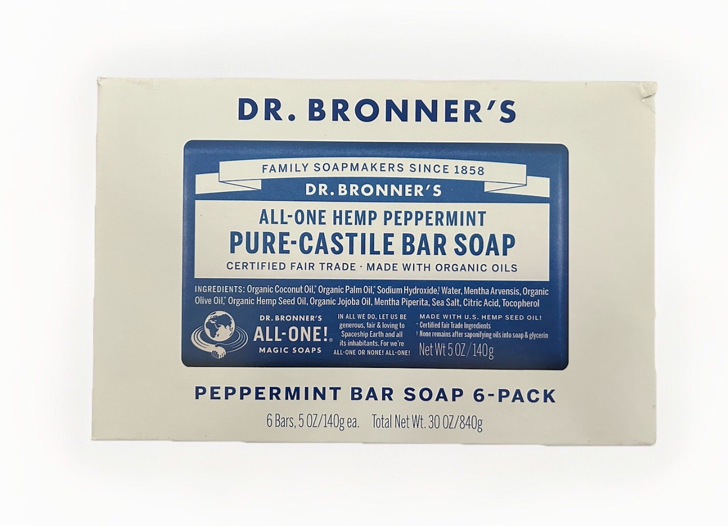 Dr Bronner’s Pure Castille Peppermint Bar Soap, 5 Ounce, Pack of 6