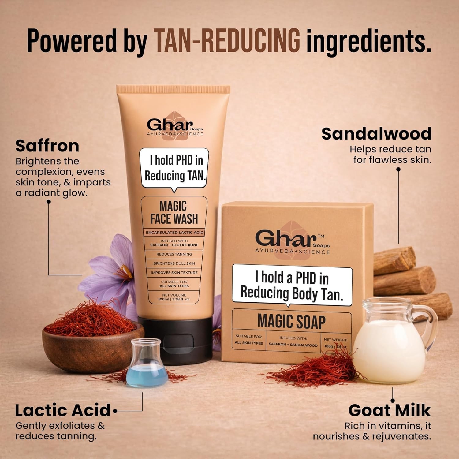 Ghar Soaps Magic De-Tan Face Wash 100 ml & Sandalwood Saffron Bath Soap 100 gm