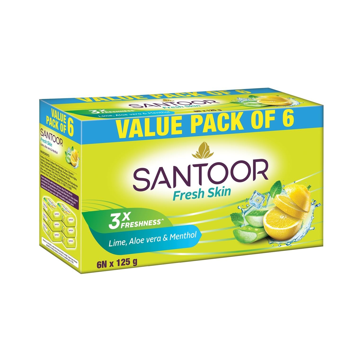 Santoor Fresh Skin Aloe Vera & Lime Bathing Soap, 125g x Pack of 6