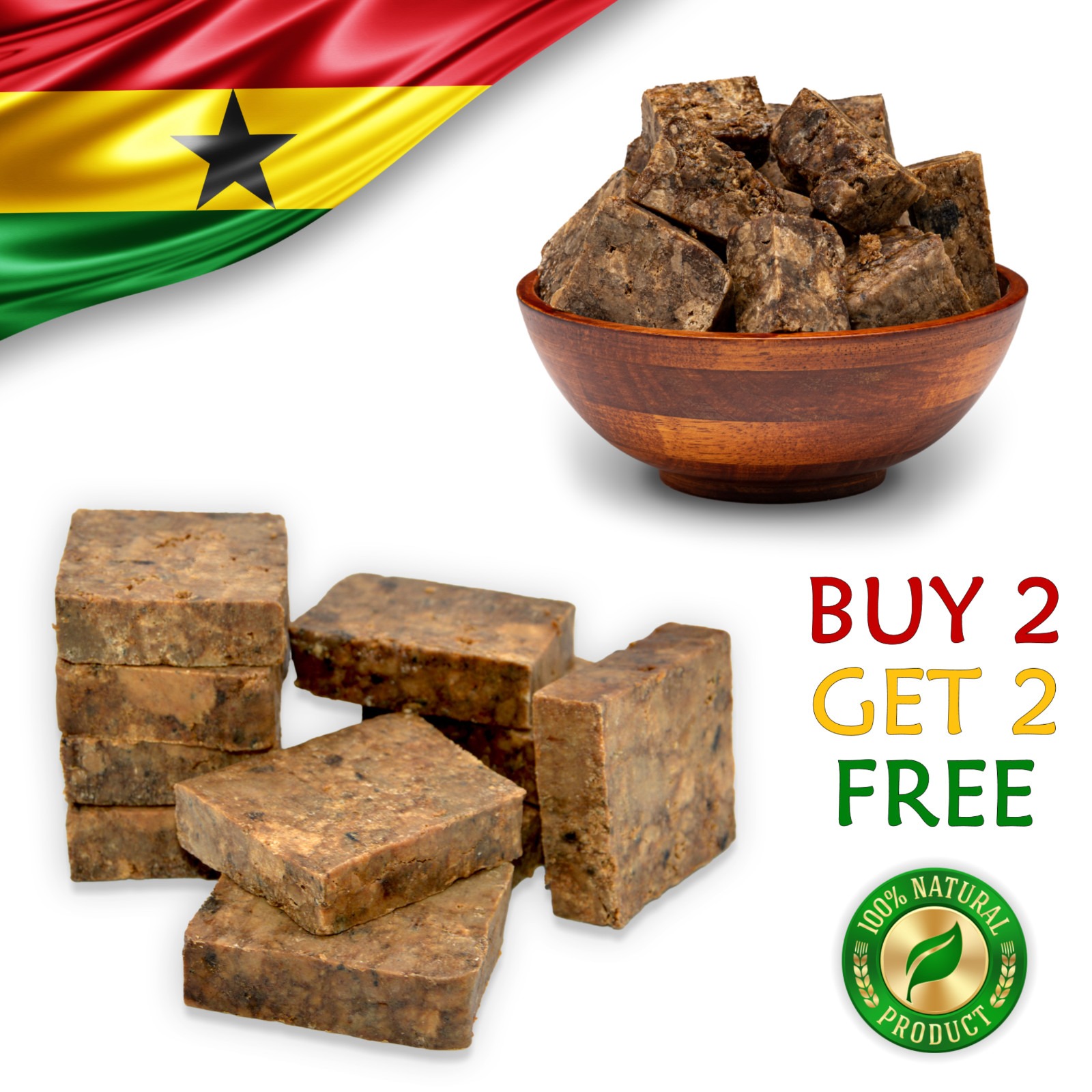 Raw African Black Soap 4 oz. Bar 100% Pure Natural Organic Ghana Body Face Wash