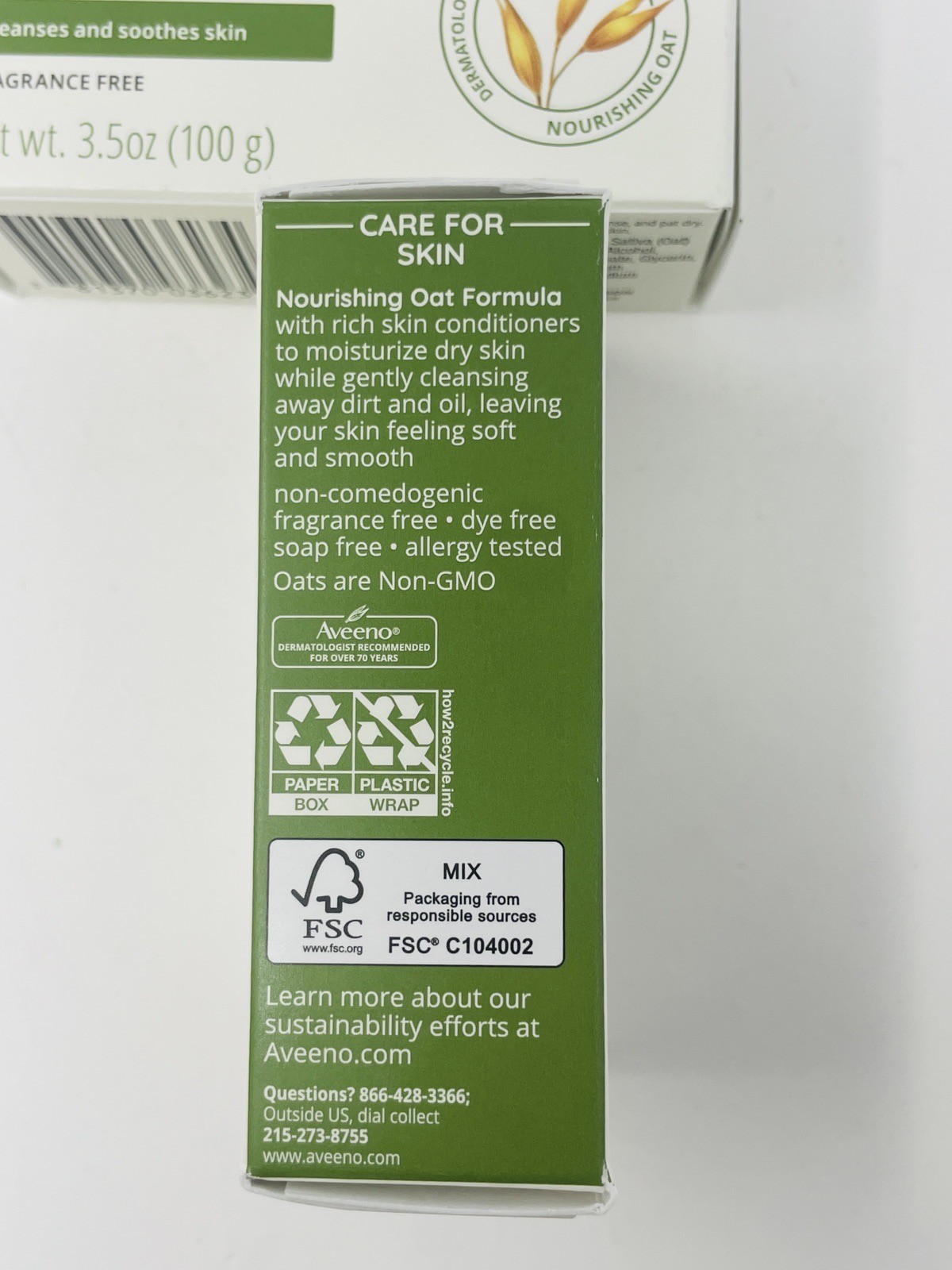 Lot of 2 Aveeno Moisturizing Soap Bar Fragrance Free 3.5oz