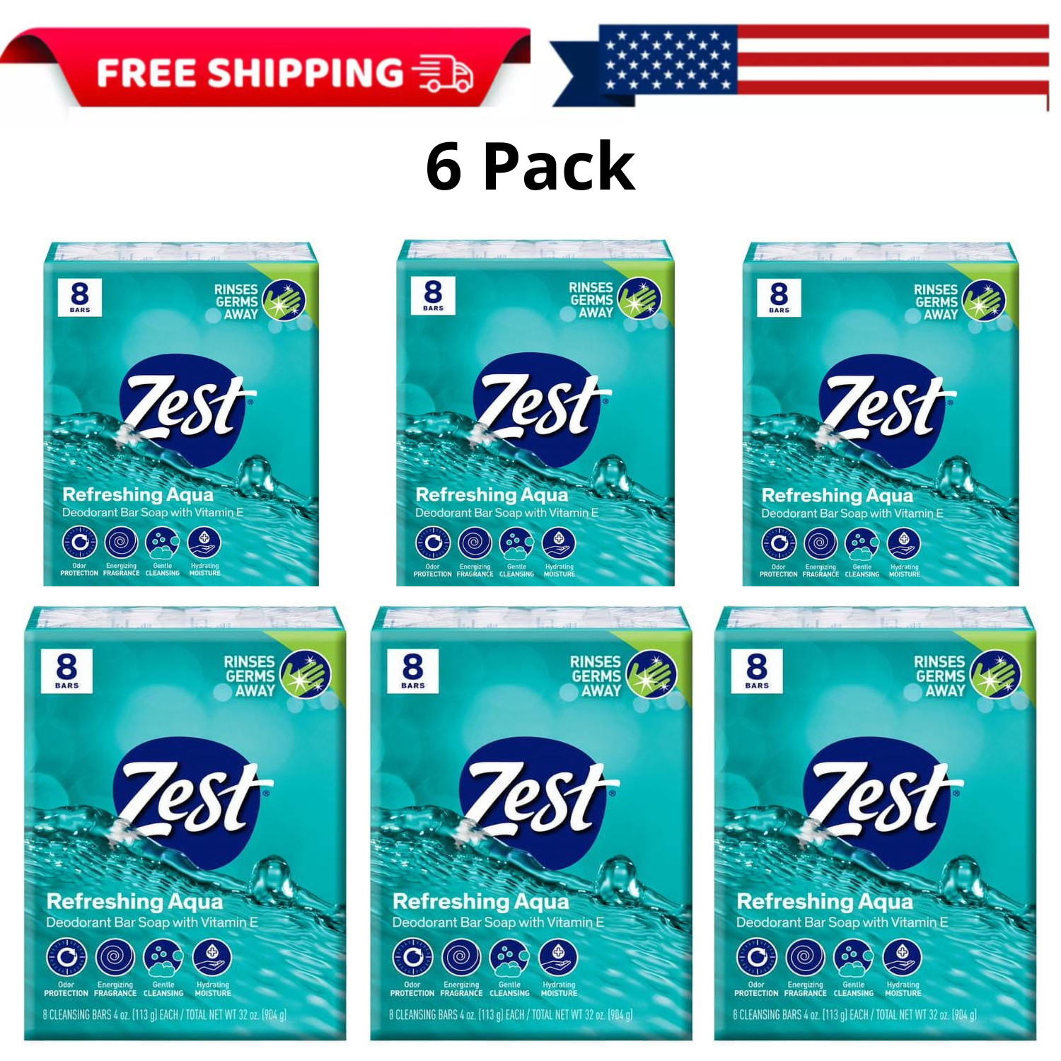 6Pk Zest Deodorant Bar Soap Hydrating Moisture for All Skin Types Aqua 4oz 8 Bar