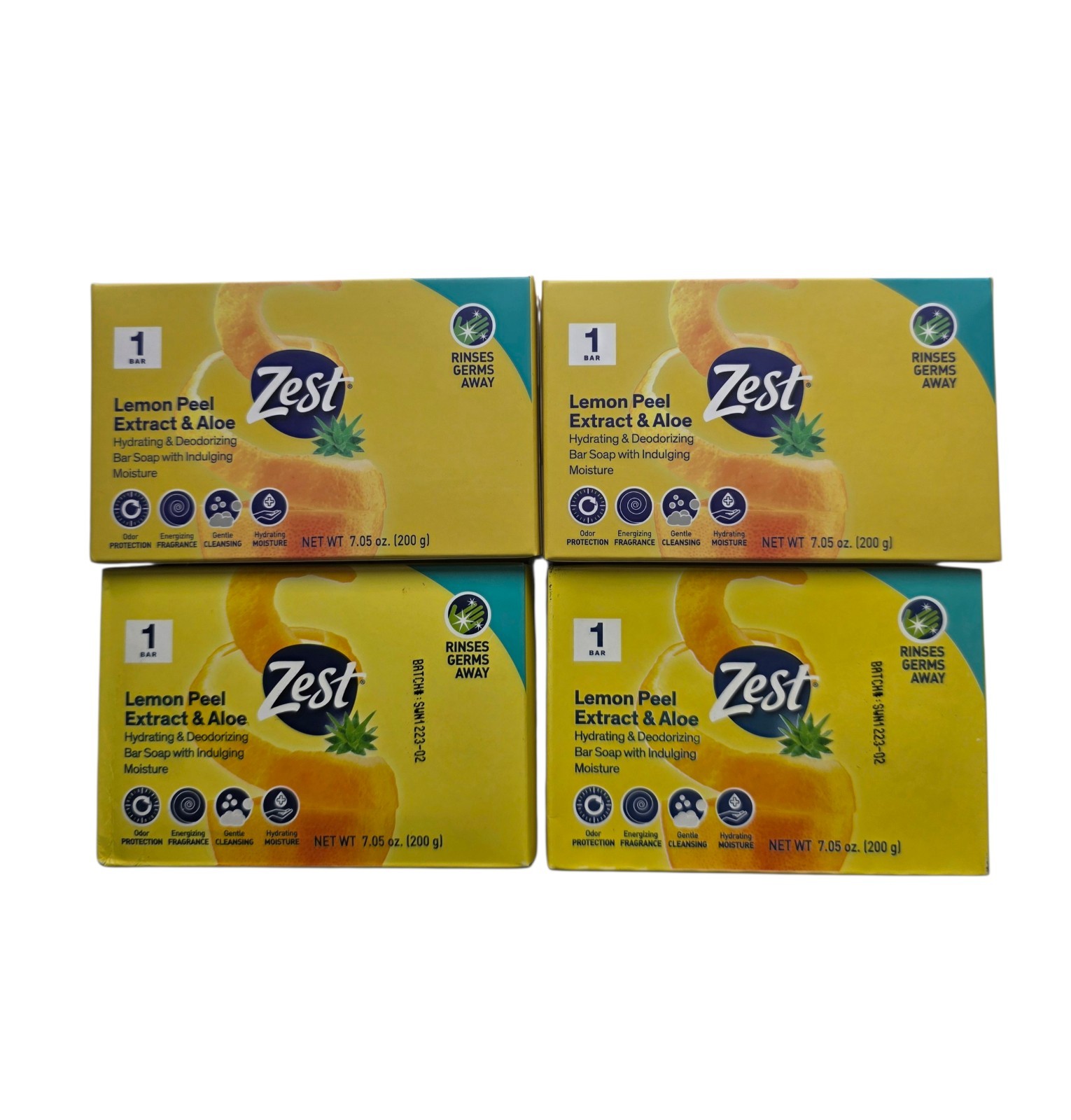 Zest Lemon Peel Extract & Aloe Hydrating & Deodorizing Bar Soap 7.5oz Each ~ 4pk