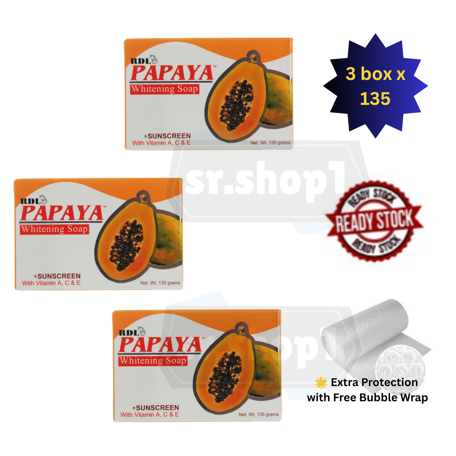 3 Box x 135g Papaya Whitening Soap with Vitamins A, C and E Ship Malaysia