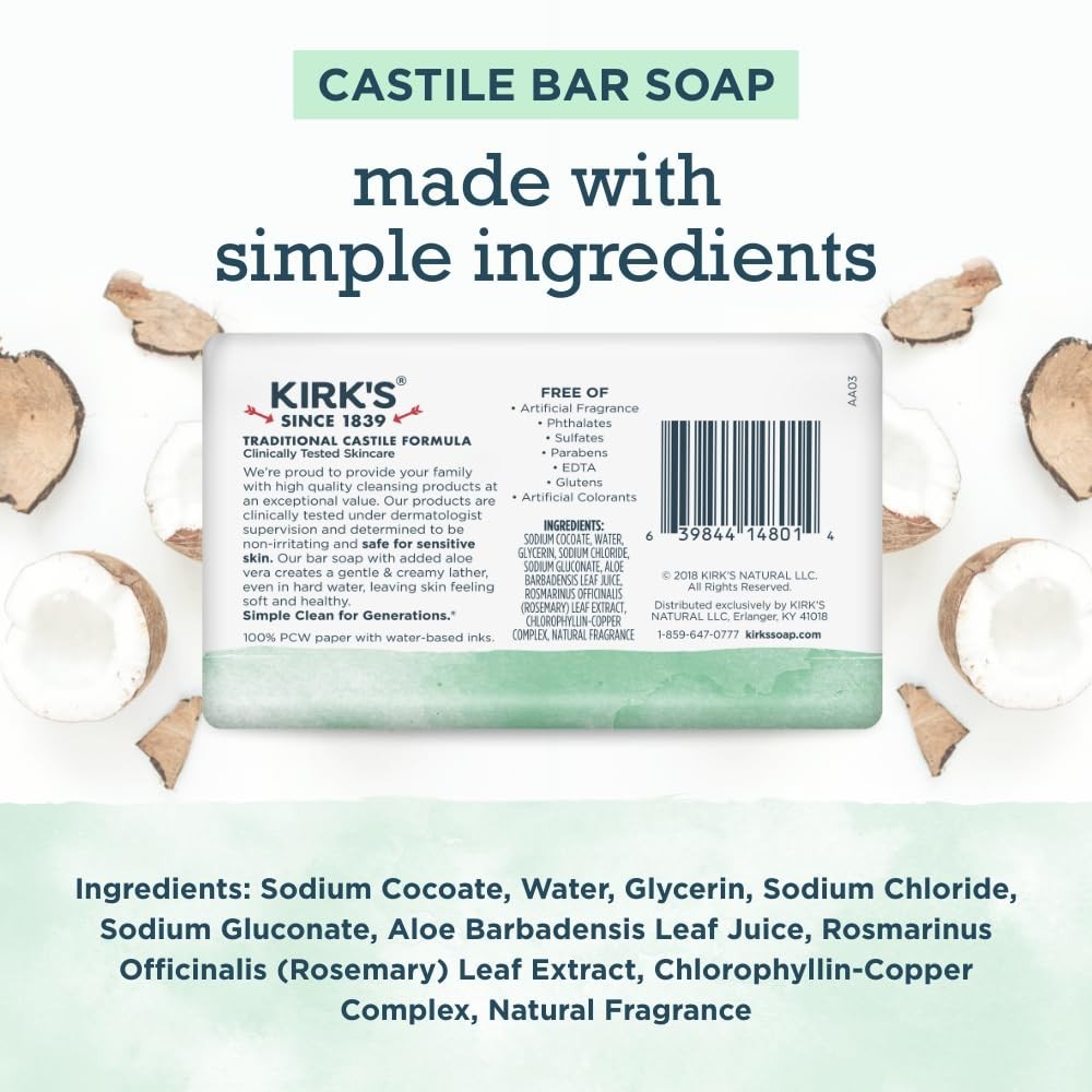 Premium Coconut Oil Castile Bar Soap – Vegan, Sensitive Skin, Aloe Vera, 6 Pack