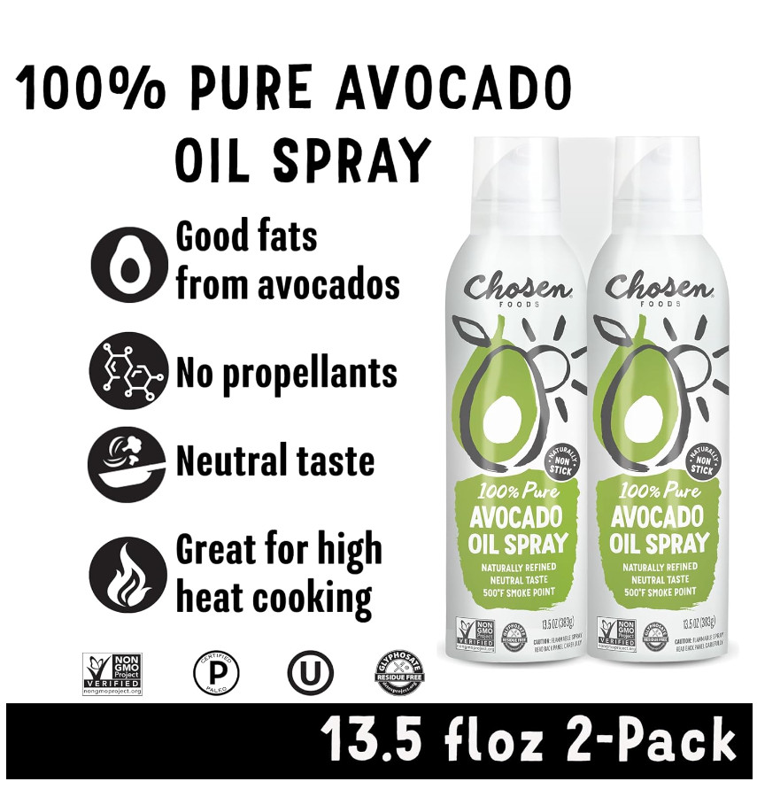 2 Pk) Chosen Foods 100% Pure Avocado Oil Spray, Cooking, Dressing, 13.5 oz, Each