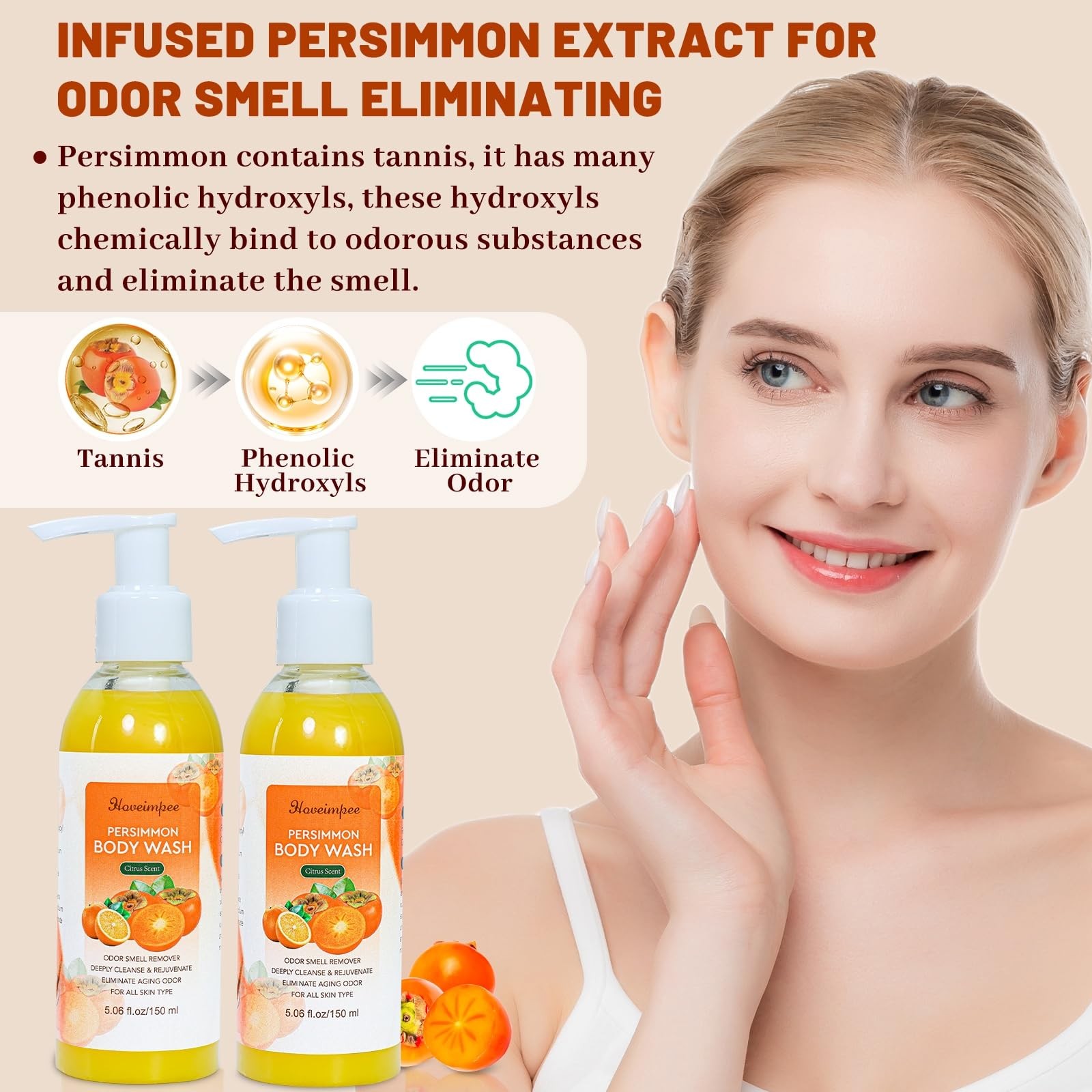 2 Pack Persimmon Body Wash Odor Eliminator, Deodorizing Persimmon Soap for Ol…