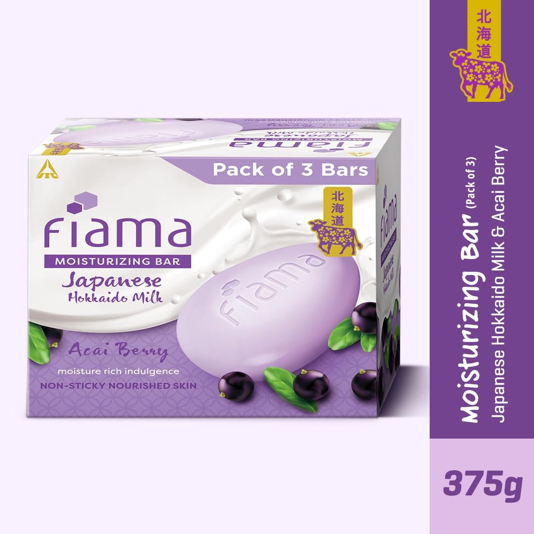 Fiama Moisturizing Soap Bar, Japanese Hokkaido Milk & Acai Berry, Soap Pack of 3