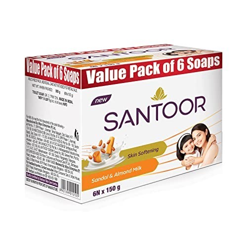 Santoor Sandal Almond Milk Bathing Soap 150g Pack of 6 Skin Softening Bars FS