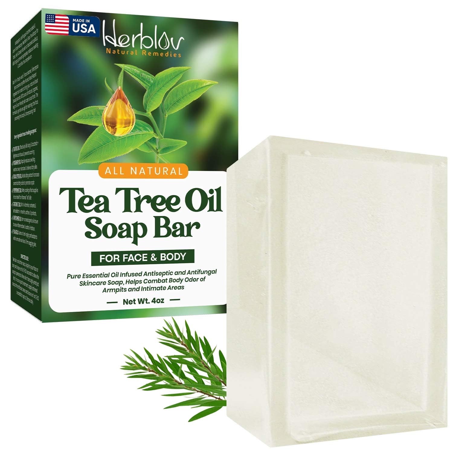 Pure 4oz Tea Tree Oil Soap Bar – Organic Face & Body Cleanser for All Skin Types