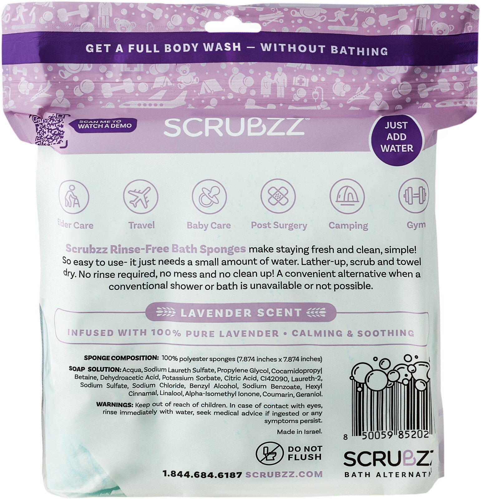 Scrubzz Disposable Rinse Free Bathing Sponges – Lavender, 200 Count