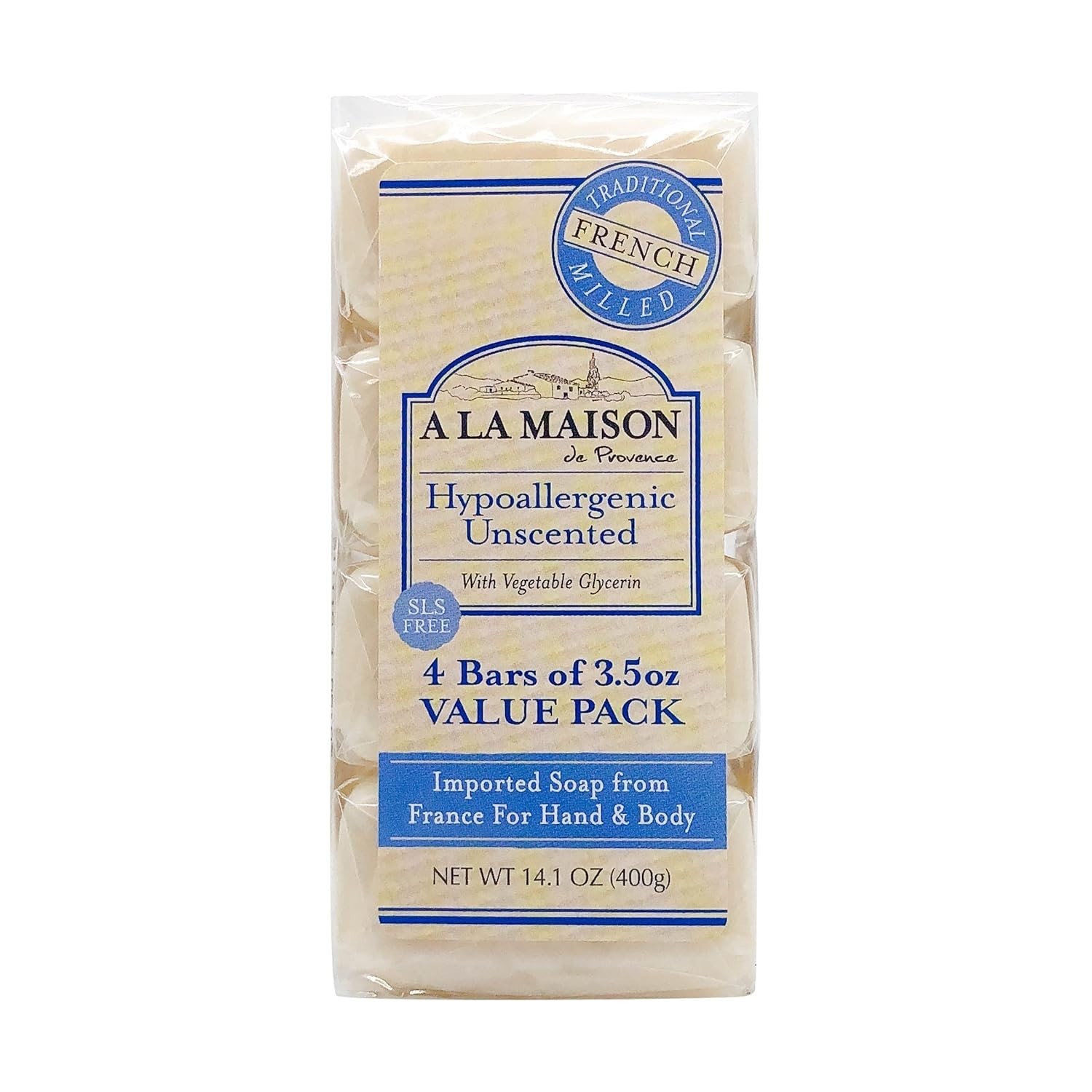 A La Maison –Bar Soap Hypoallergenic Unscented 3.5 oz (Pack of 2 / Total 8 bars)