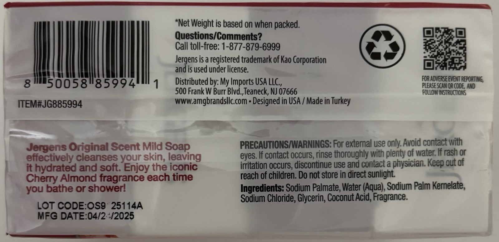 Jergens Mild Bar Soap Cherry Almond Original Scent, 32 BARS (4 Each Pack)