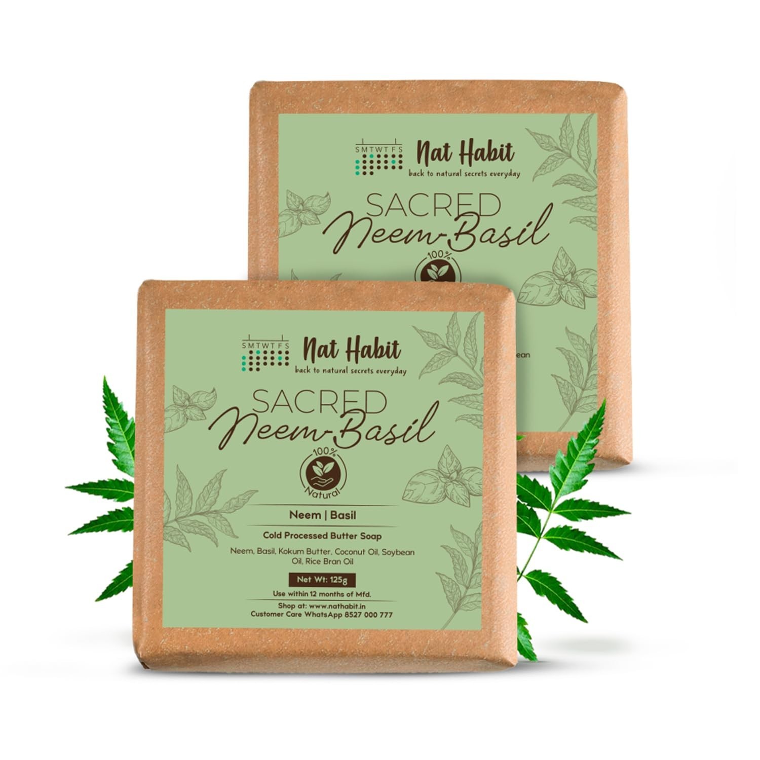 Nat Habit Neem Basil Butter Soap|Cold Processed Ayurvedic Soap with Neem Actives