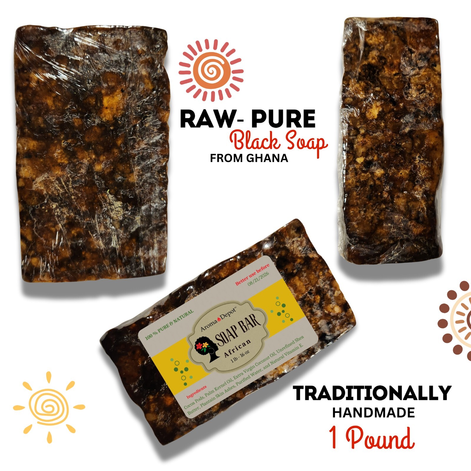Raw African Black Soap 8 oz. Unrefined Organic Natural Skin Body Hair Face Wash