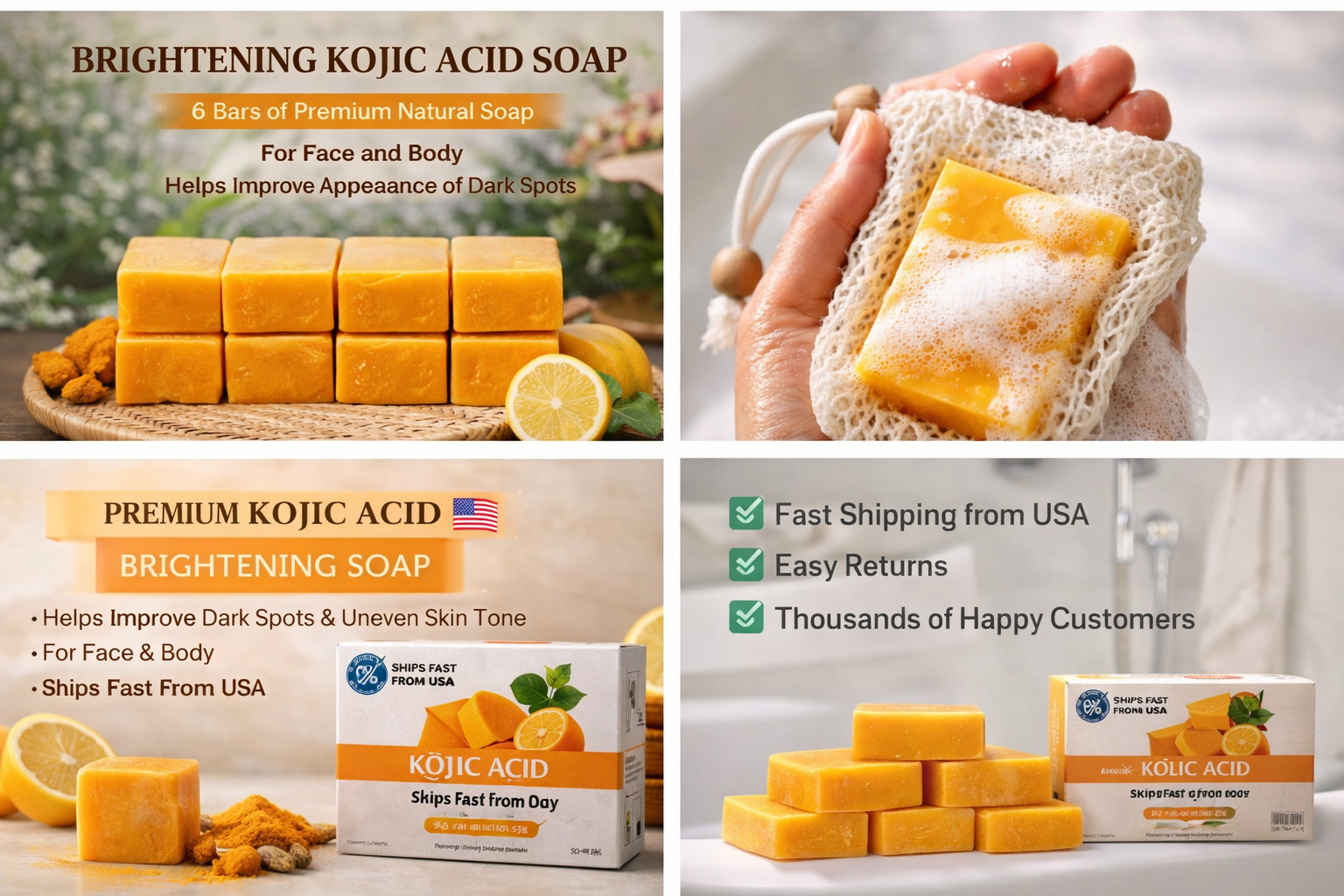 Kojic Acid Soap 6 Bars Dark Spot Remover Turmeric Brightening Face Body Skin